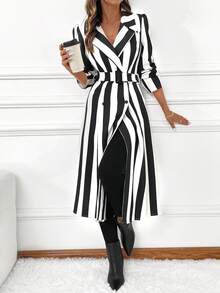 EMERY ROSE 条纹印花束带优雅长袖连衣裙 - 黑與白 - 查看 1