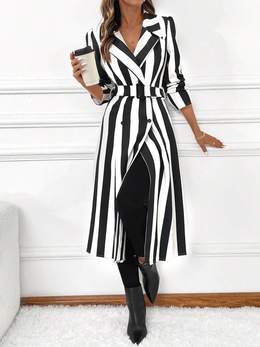 EMERY ROSE 条纹印花束带优雅长袖连衣裙 - 黑與白 - 查看 1