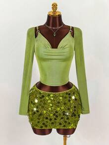 Y2K Amplova Christmas New Year Thanksgiving Sequins Party Vintage Wild Plunging Neckline Sexy Design Long Sleeve Top Fairycore Mermaid Green - Green - View 5