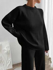 SHEIN Cottnline Women Solid Color Rib Knit Sweater & Sweater Pants Set - Black - View 2
