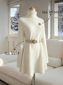Franclia 女士秋冬高领长袖蓬蓬针织毛衣裙，法式优雅毛茸茸宽松休闲针织毛衣，女士圣诞装，冬装，女士秋装，优雅白裙，女士优雅装，婚礼活动礼服 - 白色 - 查看 3