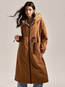Easelle Abrigo acolchado para mujer, suelto y largo en color caqui marrón para otoño e invierno - Café integral - Ver 8
