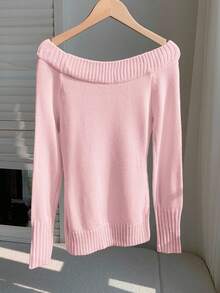 Comfortcana 女士撞色刺绣装饰露肩长袖毛衣套头衫，粉色毛衣套头衫，女士毛衣，麻花针织毛衣，秋季女装 - 粉色 - 查看 2