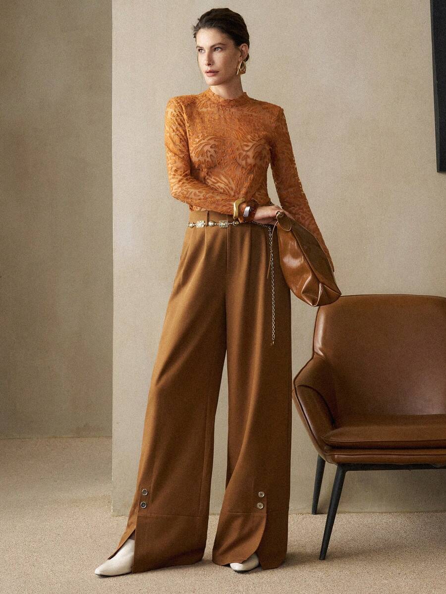 EMERY ROSE Quần vải dệt nút trang trí xếp ly cho nữ, thiết kế đơn giản, thanh lịch, quyến rũ, tinh tế, cổ điển, màu cà phê, mùa thu - Cà phê nâu - Xem 1