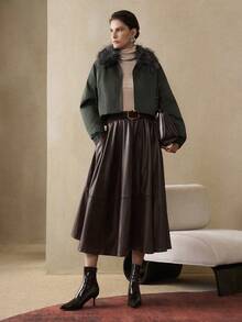 EMERY ROSE Women's Short Quilted Detachable Fur Collar Design Slanted Pockets Daily Commuting Cotton Jacket Winter Daily Commuting Autumn Jacket - Army Green - View 4