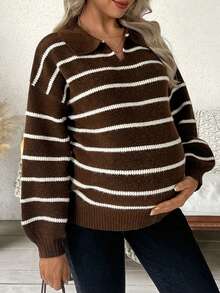 SHEIN Maternity Casual Striped Lapel Drop Shoulder Loose Knit Sweater, Autumn/Winter - Chocolate Brown - View 3