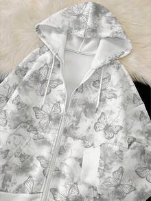 SHEIN Women's Butterfly Print Hooded Long Sleeve Zip-Up Sweatshirt Sweatshirt - White - View 4