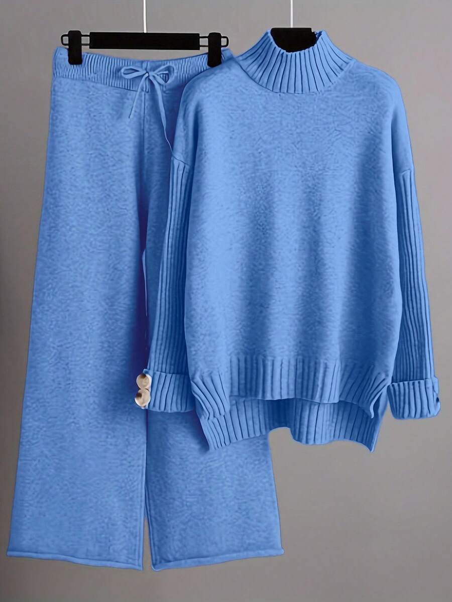 Franclia Bộ 2 món/Bộ đồ nữ áo len dài tay cổ tròn màu trơn và quần thường ngày Bộ đồ len Bộ đồ len Bộ đồ len Bộ đồ len hai mảnh Bộ đồ len Quần len - Màu xanh lam - Xem 1