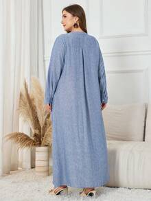 Modelyn Vestido casual de otoño con cuello con muesca bordado para tallas grandes - Azul - Ver 3