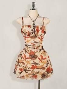 SHEIN ICON 女式复古枫叶印花褶皱迷你连衣裙，适合暑假、返校季 - 彩色 - 查看 4