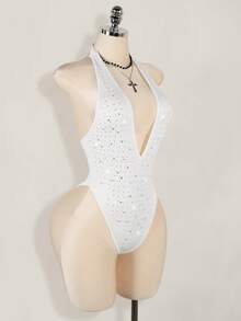 SHEIN ICON Rhinestone Embellished Deep V-Neck Halter High Slit Backless Bodysuit For Women - White - View 5