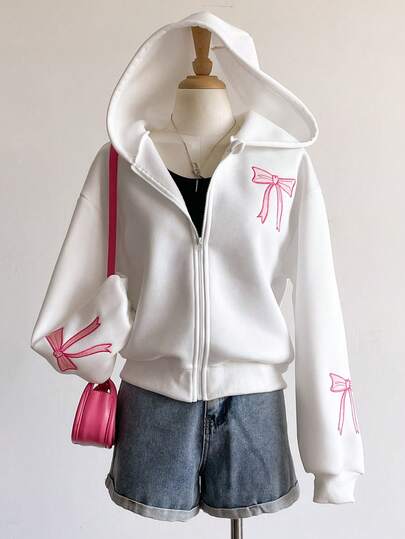 Teenage Girls' Solid Color Fashionable Bow Sweatshirt Jacket, Comfortable Fleece Sweatshirt Fabric, Stylish Sleeve Design, Overall Youthful And Energetic Girl Style, Suitable For Back To School Season Or Everyday Outdoor Wear