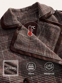 Anewsta 女士新款格子优雅休闲夹克，PU拼接长款外套，秋冬时尚外套 - 咖啡棕 - 查看 4