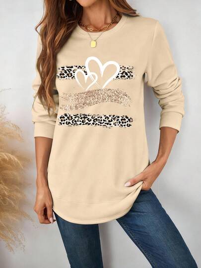 SHEIN LUNE Damtröja med hjärtmönster och leopardmönster i kakifärgad, tjock och lång krage, lämplig för höst/vinter