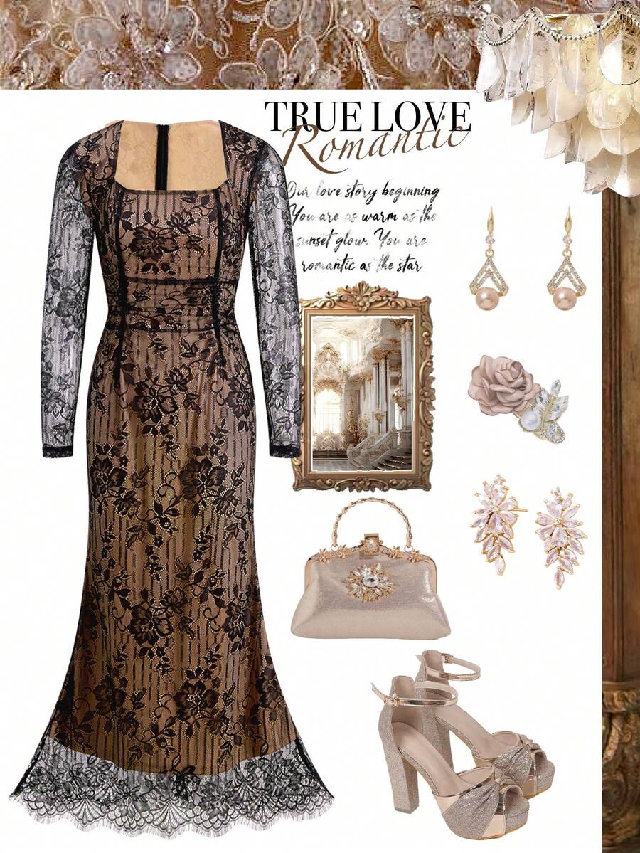 Ellevyn 女式方领长袖收腰紧身蕾丝连衣裙，优雅日常穿着，性感派对社交活动穿着 - 黑色 - 查看 1