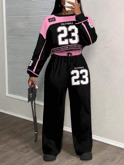 Slaydiva 23# Femmes Ensemble 2 pièces casual, Top à manches longues col rond avec motif lettre et pantalon large, style de rue, convient pour l'automne/l'hiver