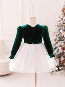 Glamorique Kids Baby Girl Autumn/Winter Velvet & Mesh Patchwork Dress, Elegant Design For Party & Occasion, Long Sleeve - Green - View 2