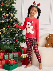 青少年女孩圣诞姜饼图案针织套头衫和休闲裤两件套，节日休闲家居服