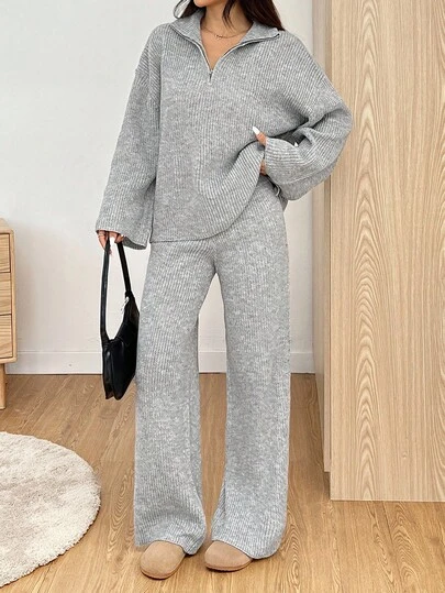 SHEIN 青少年女孩服装，2 件女童休闲毛衣套装，带撞色饰边圆领长袖上衣和裤子，女童秋季服装，适合儿童休闲装、返校装、居家装、日常装、上学装、旅行装、运动装、冬季装、圣诞节装