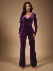 Radiana Sexy & Elegant Purple Velvet Fitted Long Sleeve Jumpsuit, Flared Leg, Suitable For Daily Wear, Gatherings, Parties, Dates, Nightclubs, Autumn/Winter - Purple - View 5