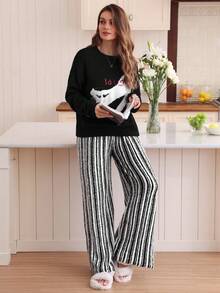 Louniche 时尚复古单肩女士秋冬睡衣套装，针织猫咪上衣和条纹针织裤 - 黑與白 - 查看 3