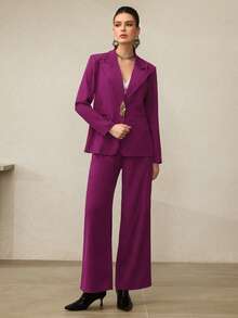 Modelyn Bộ vest nữ thanh lịch cổ khoét sâu, cài một hàng khuy và quần âu, trang phục đi làm cho mùa thu - Màu tím - Xem 3