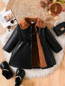 SHEIN Baby Girls' Faux Fur Collar Bow Decor Trench Coat, Autumn/Winter - Black - View 5