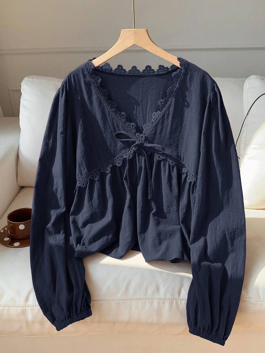 SHEIN Comfortcana 女式秋季简约纯色撞色蕾丝前领带衬衫 - 藏蓝色 - 查看 1