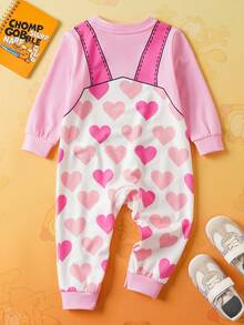 GARFIELD | SHEIN Baby Girl Cartoon Heart Print Pink 2 In 1 Long Sleeve Cute Jumpsuit, Autumn/Winter Cartoon Baby Clothes Baby Girl Character Pajamas - Pink - View 2