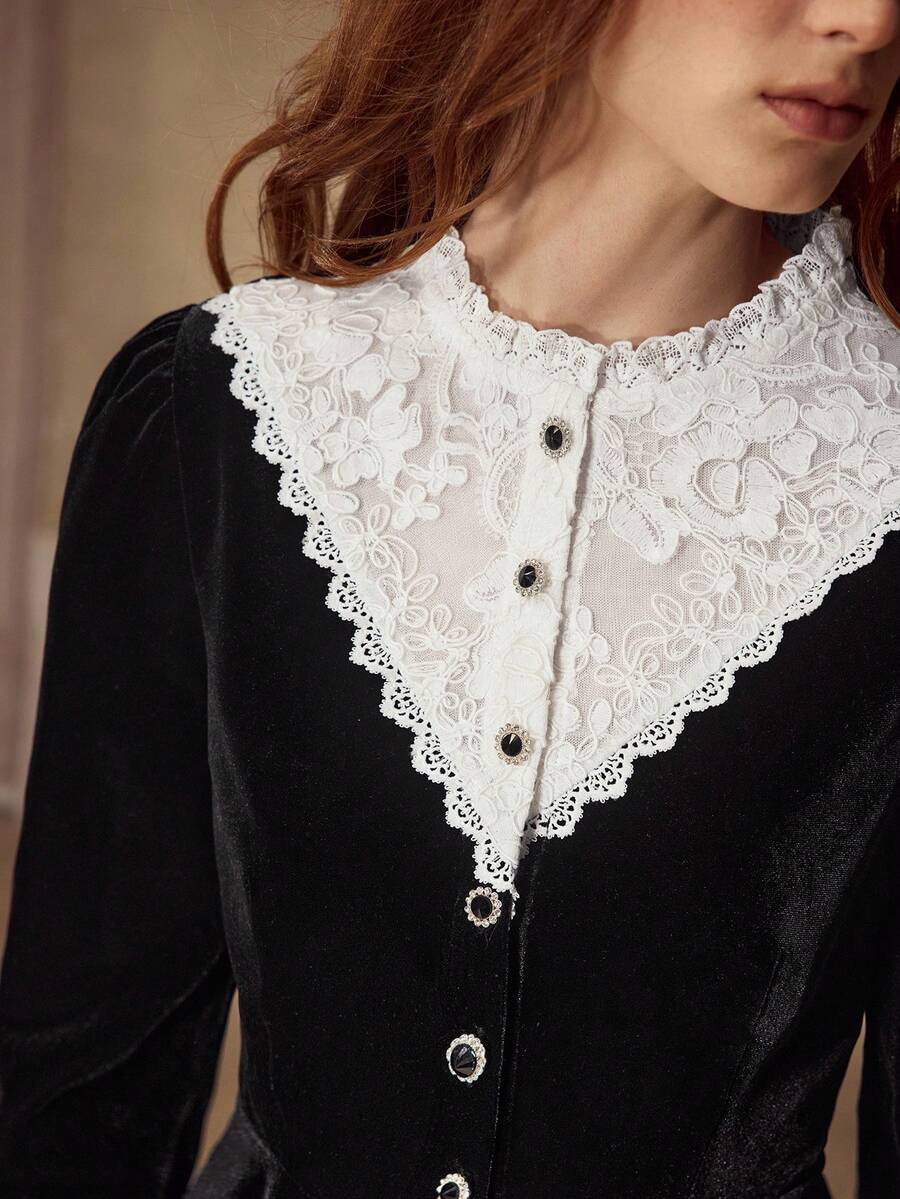 MOTF PREMIUM VELVET CONTRAST LACE BLOUSE - Black - View 2