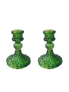 1pc/2pcs Green Glassware Diamond Patterned Candlestick Pedestal, Home Decor Centerpiece, Glass Candlestick Holder Taper And Pillar Candle Holder, For Dining Table, Living Room,Wedding,Gifts, Desktop Decoration Wedding Dinning Party - Green - View 5