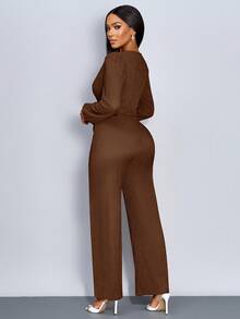 Twist Knotted Deep V-Neck Long Sleeve Jumpsuit - Coffee Brown - View 2