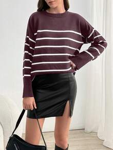 SHEIN Tall Striped Pattern Drop Shoulder Oversize Split Hem Sweater, Tall Women - Dusty Pink - View 5