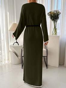 EURMUSE Pullover Sweater Dress Hem And Sleeve Detail+ 478 - Army Green - View 2