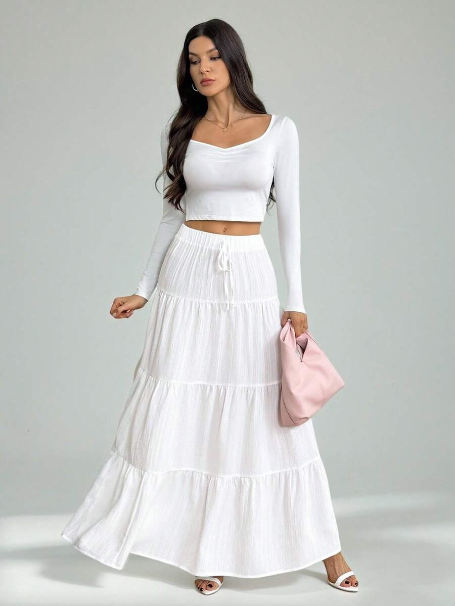 SHEIN Tall Women's Casual Vacation Multi-Layer Cake Skirt, Versatile Casual Elegant For Everyday, Holidays, And Dates Vacation Modest White Skirt - White - View 1