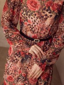 MOTF PREMIUM WOMEN'S ROSE & LEOPARD PRINT ELEGANT DRESS WITH FAUX PEARL BELT, SUITABLE FOR VACATION - Brown - View 3