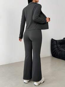 Franclia 2pcs Women Collared Zip Front Long Sleeve Top And Flared Straight Leg Pants Set, Suitable For Daily Wear - Grey - View 3