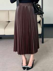 DAZY Women's Fashionable Elegant Waist Elastic Pleated PU Leather Skirt