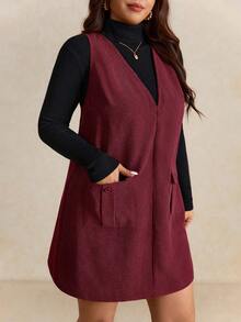 Elaquor 大码女式纯色口袋设计休闲吊带连衣裙，秋季 - 酒紅色 - 查看 4
