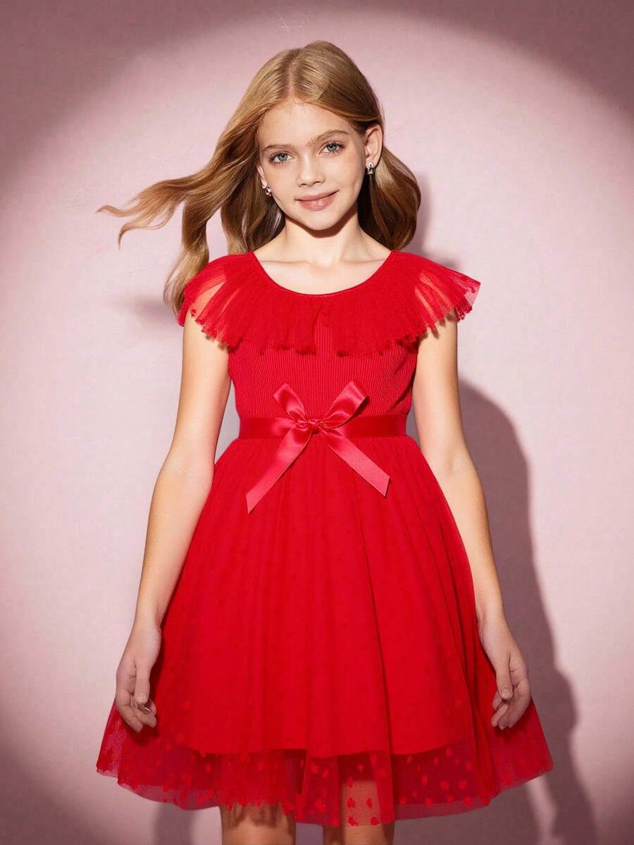 Girls V-Neck Sleeveless Heart Mesh Elegant Dress With Belt, Spring/Summer