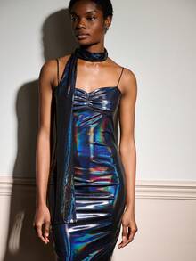 lacRébo Navy Blue Shiny Fabric Bodycon Midi Dress With Ruched Bust And Matching Scarf Sexy Chic Party Dress Evening Dress Spring Summer Dress Premium Outfits Siren Gaze Dress Metallic Dress Shiny Dress  New Year Party Outfits French Style Parisian Style - Navy Blue - View 3