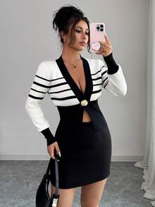 Elenzga Cárdigan de punto para mujer, de manga larga y cuello en V, con bajo asimétrico, suéter ligero con textura metálica, botón asimétrico de hoja única, a rayas clásicas en blanco y negro, mangas raglán, puños y bajo acanalados, sofisticado y elegante, versátil para uso casual, adecuado para otoño temprano e invierno como prenda de vestir para mujer