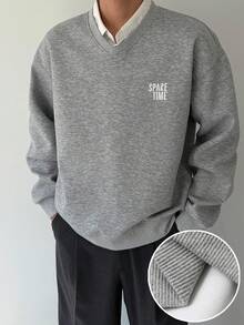 DAZY 男士 V 领字母印花设计麻灰色休闲套头衫，秋季通勤风格 - 灰色 - 查看 6