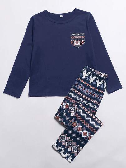 2pcs Girls Navy Blue Minimalist Graphic Print Comfortable Pajama Set, Long Pants & Long Sleeve