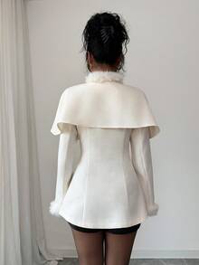 SHEIN Elenzya 优雅杏色人造毛领长袖 A 字形设计双排扣蝴蝶结口袋夹克，适合商务会议、婚礼、联欢晚会、通勤、毕业派对、节日、约会和派对 - 白色 - 查看 2