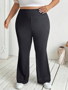 SHEIN CURVE+ 大码女式秋冬返校休闲家居服家居服瑜伽舒适户外纯黑色针织松紧腰高腰口袋喇叭裤，带口袋的紧身裤 - 深灰色 - 查看 5
