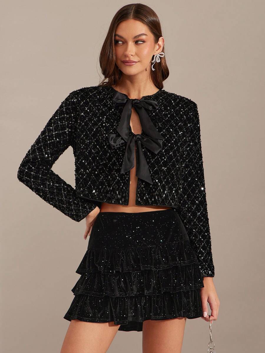 Enchnt Jachetă romantică de damă, neagră, cu paiete strălucitoare, cu funde decorative, mânecă lungă, șic/elegantă/la modă, pentru petrecere/întâlniri/sărbători/absolvire/ieșiri în oraș/Halloween/Crăciun/toamnă/Anul Nou - Negru - Vizualizare 1