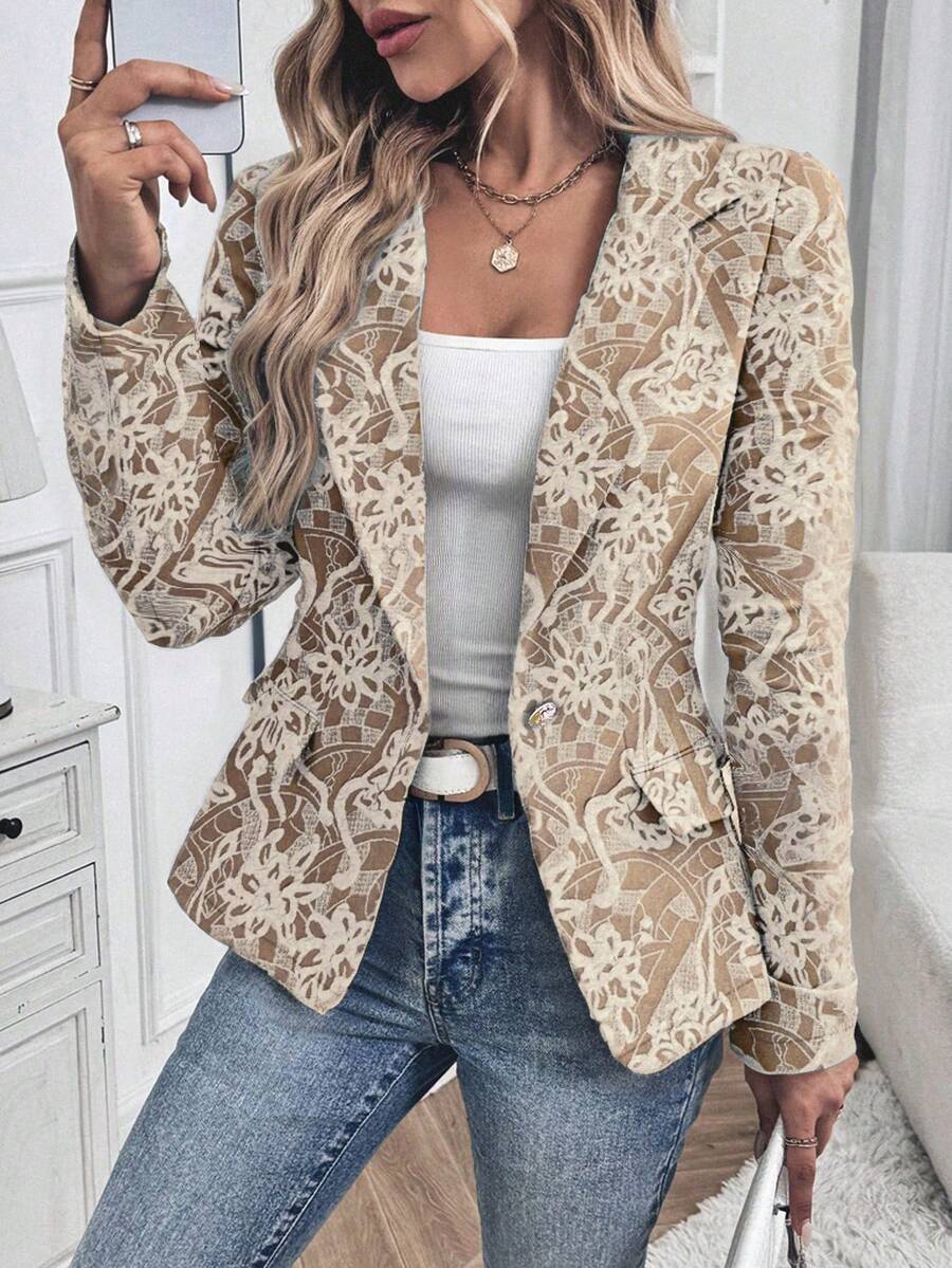 EMERY ROSE Women's Notched Collar Long Sleeve Raglan Sleeve Elegant Fitted Blazer - Brown - View 1