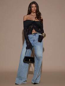 SHEIN BAE Women's Solid Color Lace Patchwork Off Shoulder Long Sleeve Top,Winter,Christmas,New Year, Thanksgiving,Party, Elegant - Black - View 1