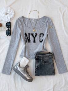 SHEIN Glowzi 少女休闲露肩灰色纽约字母印花T恤 - 灰色 - 查看 8